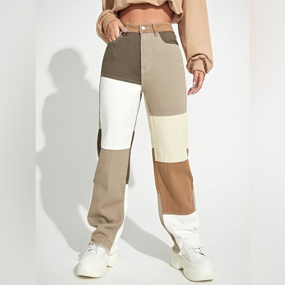 Color Block Raw Hem Straight Jeans